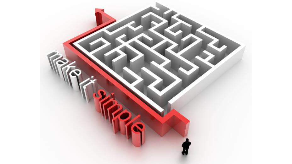 An illustration of a maze with an arrow going around it and the words "make it simple"