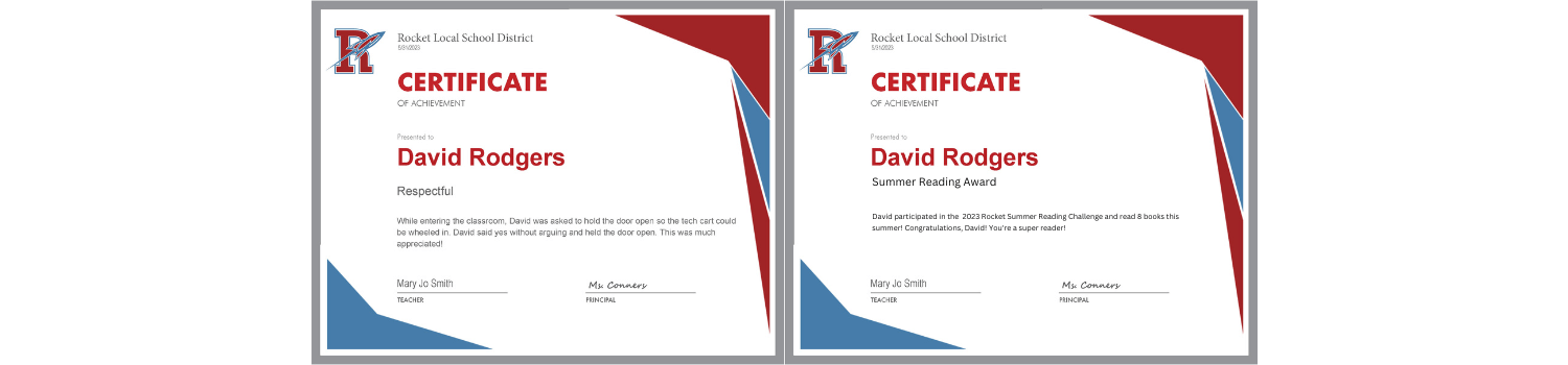 Example award certificates for a student being respectful and completing the summer reading program.